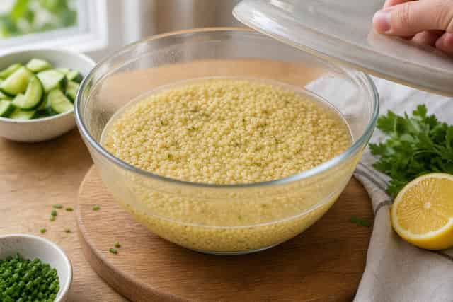 Tuna Cucumber Couscous Boxes with Lemon Chives cooking step 1: Soak the couscous.