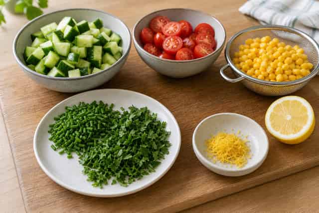 Tuna Cucumber Couscous Boxes with Lemon Chives cooking step 2: Prepare the fresh ingredients.