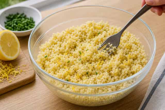 Tuna Cucumber Couscous Boxes with Lemon Chives cooking step 3: Fluff the grains.
