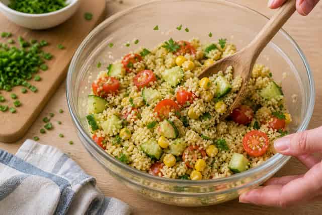 Tuna Cucumber Couscous Boxes with Lemon Chives cooking step 4: Fold in the salad.