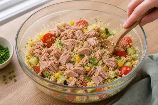 Tuna Cucumber Couscous Boxes with Lemon Chives cooking step 5: Add the tuna.