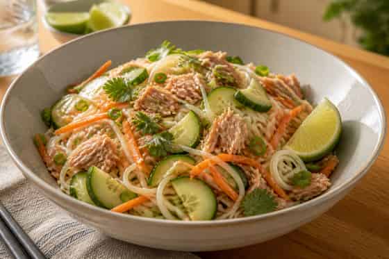 Tuna Cucumber Rice Noodle Salad with Lime.
