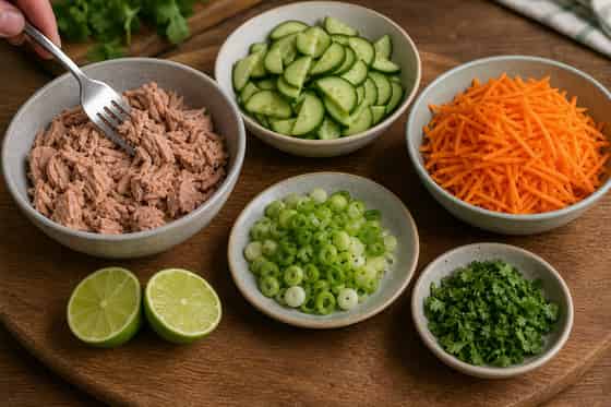 Tuna Cucumber Rice Noodle Salad with Lime cooking step 1: Prepare the salad.