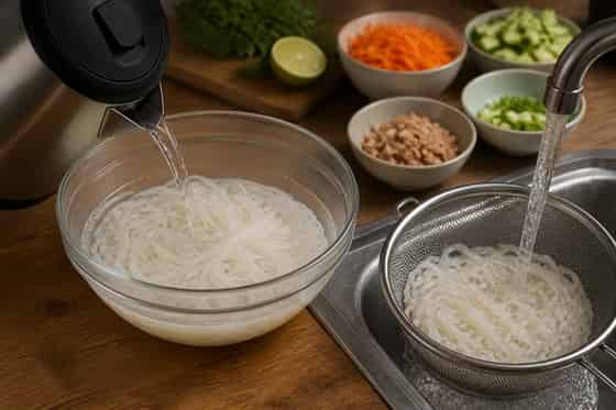 Tuna Cucumber Rice Noodle Salad with Lime cooking step 2: Soak the noodles.