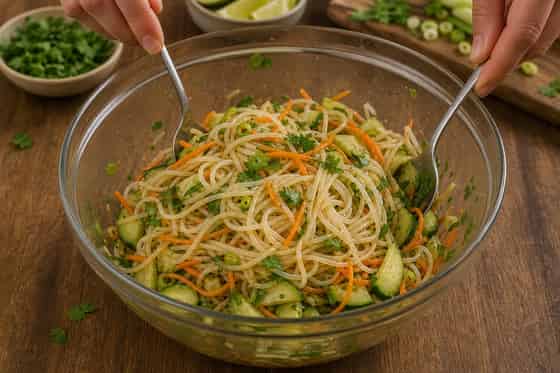 Tuna Cucumber Rice Noodle Salad with Lime cooking step 4: Toss the noodles.