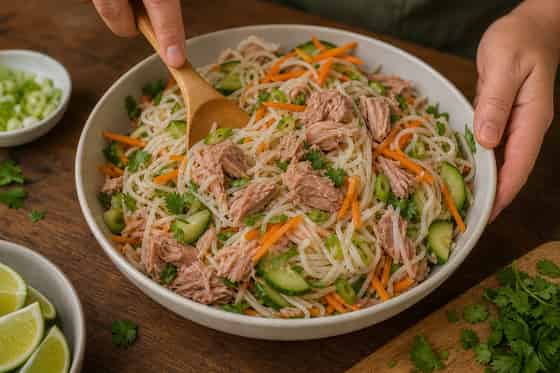 Tuna Cucumber Rice Noodle Salad with Lime cooking step 5: Fold in tuna.