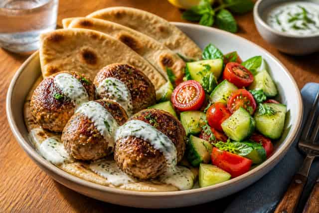 Turkey Kofta Flatbread Plates with Tomato Cucumber Salad.