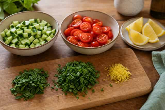 Turkey Kofta Flatbread Plates with Tomato Cucumber Salad cooking step 1: Prepare the salad and herbs.