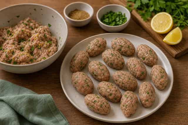 Turkey Kofta Flatbread Plates with Tomato Cucumber Salad cooking step 2: Shape the koftas.