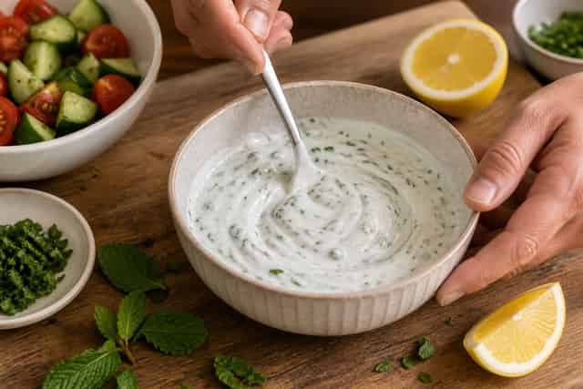 Turkey Kofta Flatbread Plates with Tomato Cucumber Salad cooking step 4: Make mint yoghurt.