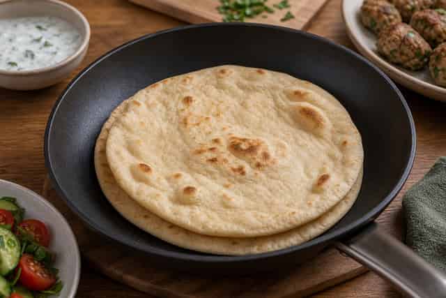 Turkey Kofta Flatbread Plates with Tomato Cucumber Salad cooking step 5: Warm the flatbreads.