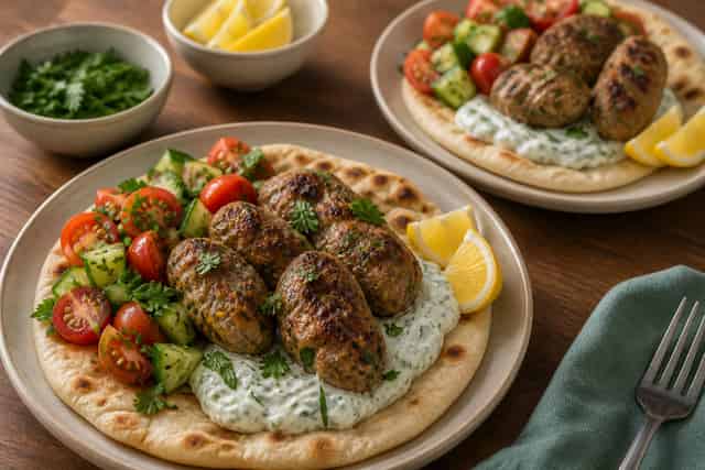 Turkey Kofta Flatbread Plates with Tomato Cucumber Salad cooking step 6: Serve the plates.
