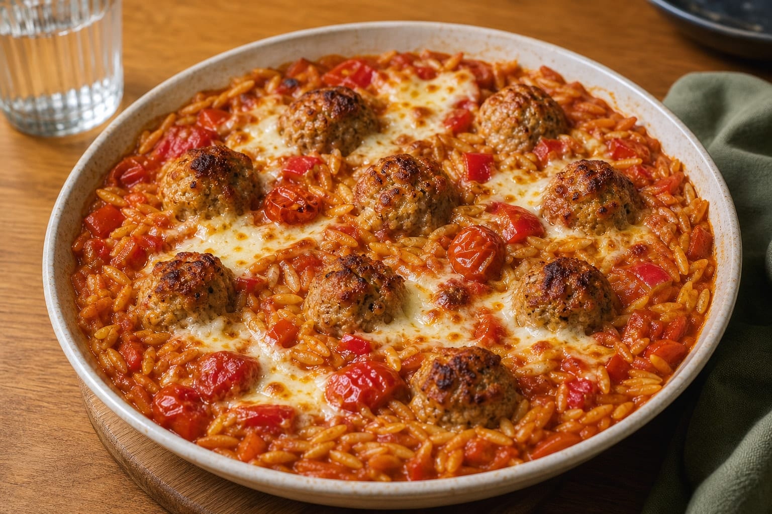 Turkey Meatball Pepper Orzo with Tomato Sauce.