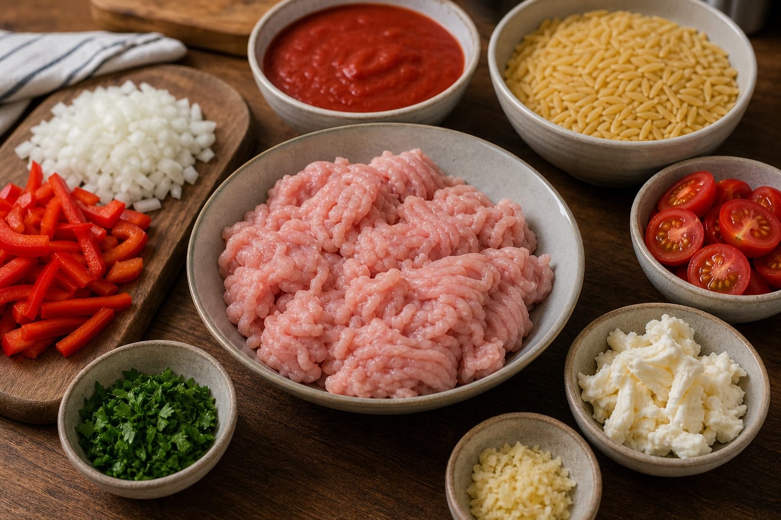 Turkey Meatball Pepper Orzo with Tomato Sauce cooking step 1: Prepare the ingredients.