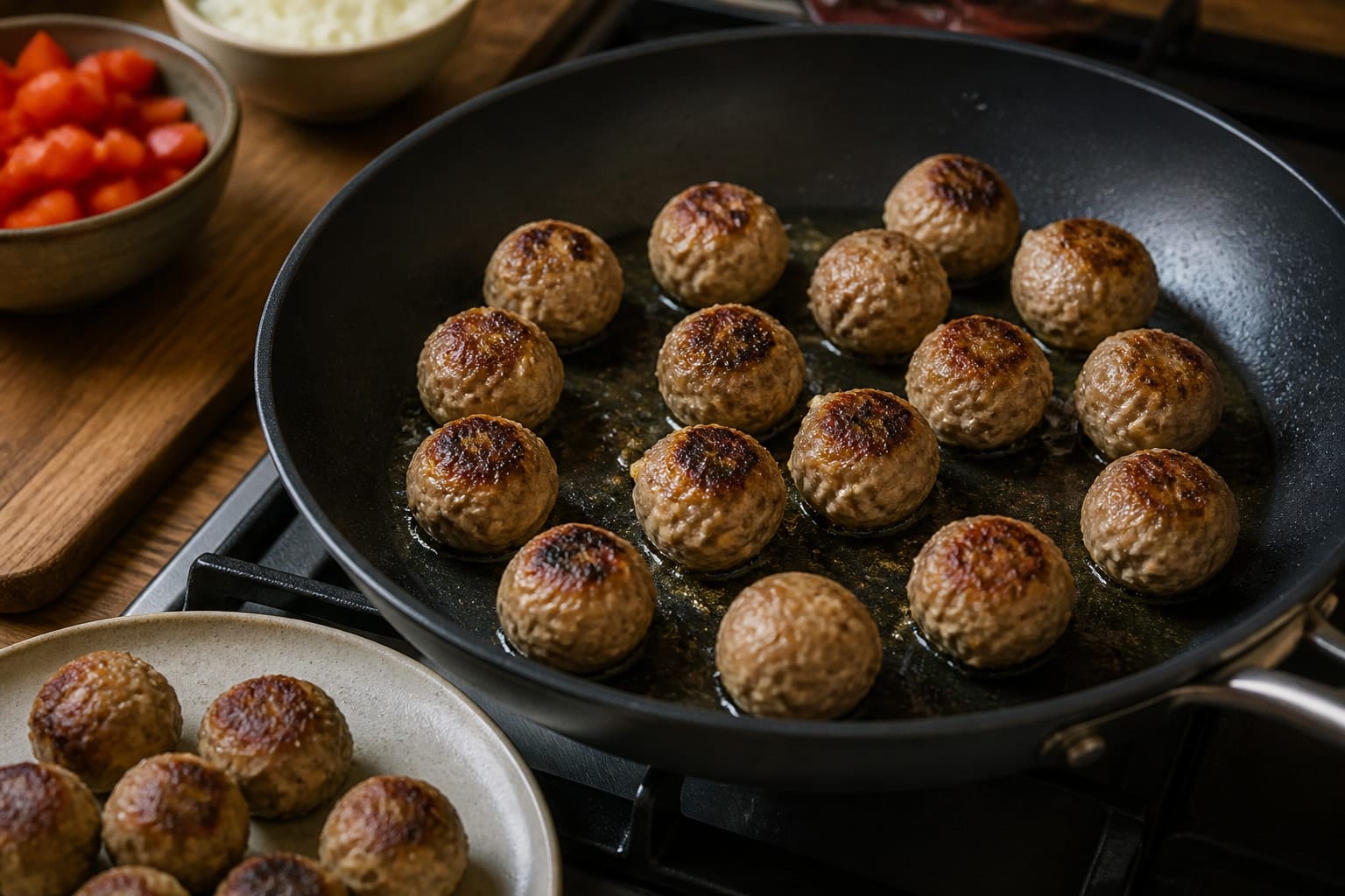 Turkey Meatball Pepper Orzo with Tomato Sauce cooking step 3: Brown the meatballs.