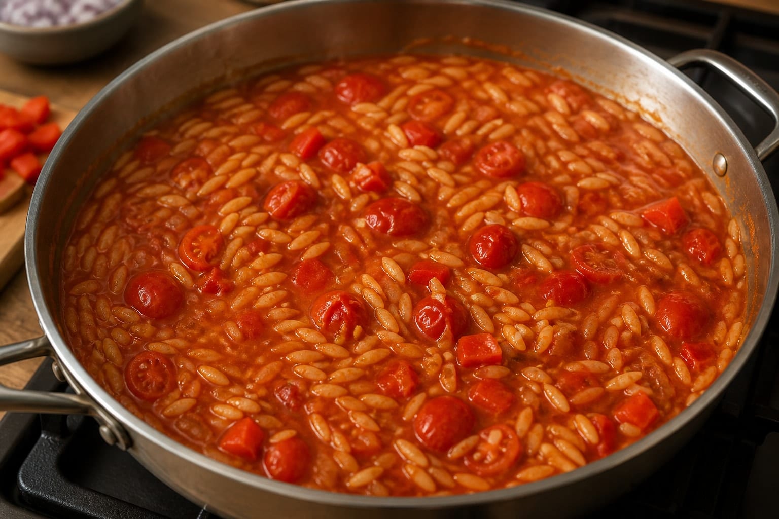 Turkey Meatball Pepper Orzo with Tomato Sauce cooking step 5: Simmer the orzo.