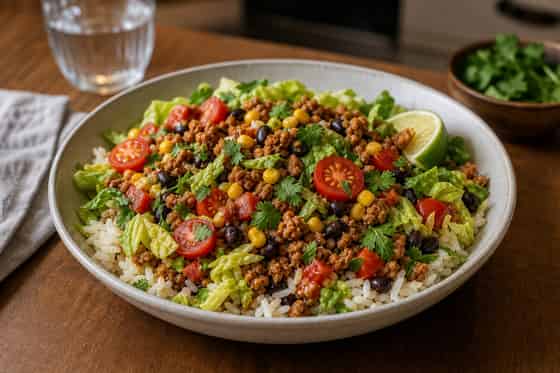 Turkey Taco Lettuce Rice Bowls with Tomato Salsa.