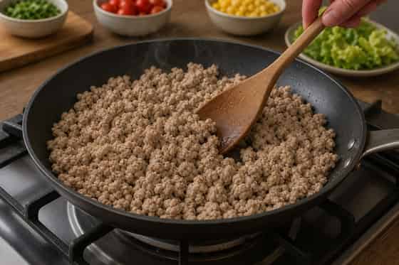 Turkey Taco Lettuce Rice Bowls with Tomato Salsa cooking step 3: Cook the turkey.