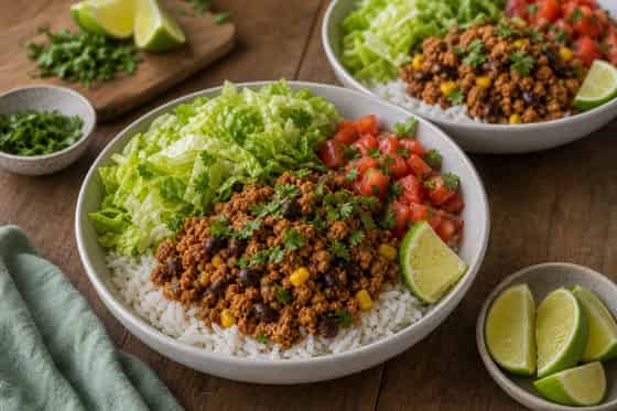 Turkey Taco Lettuce Rice Bowls with Tomato Salsa cooking step 6: Build the bowls.