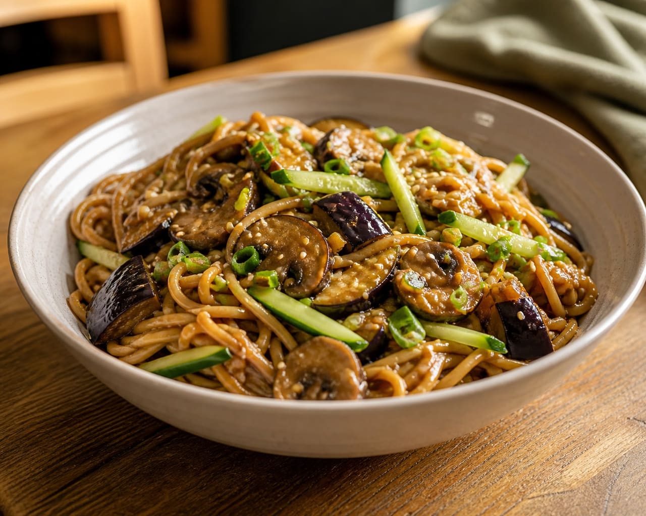 Aubergine Peanut Dan-Dan Noodles with Cucumber.