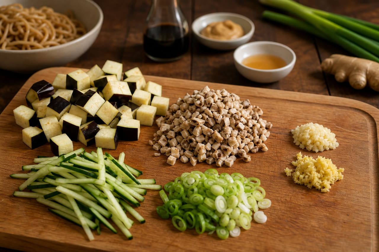 Aubergine Peanut Dan-Dan Noodles with Cucumber cooking step 1: Prepare the vegetables.
