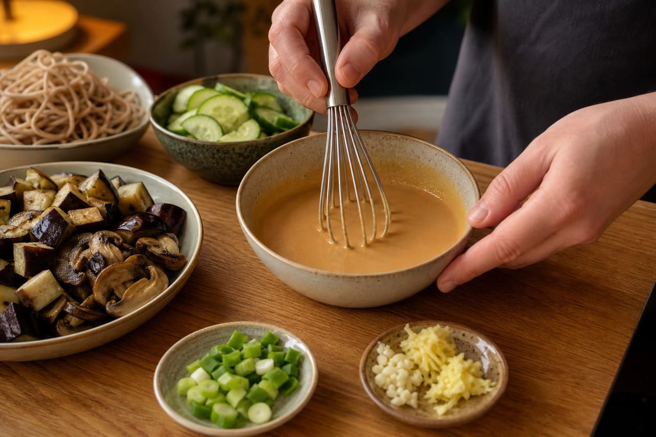 Aubergine Peanut Dan-Dan Noodles with Cucumber cooking step 2: Mix the peanut sesame sauce.