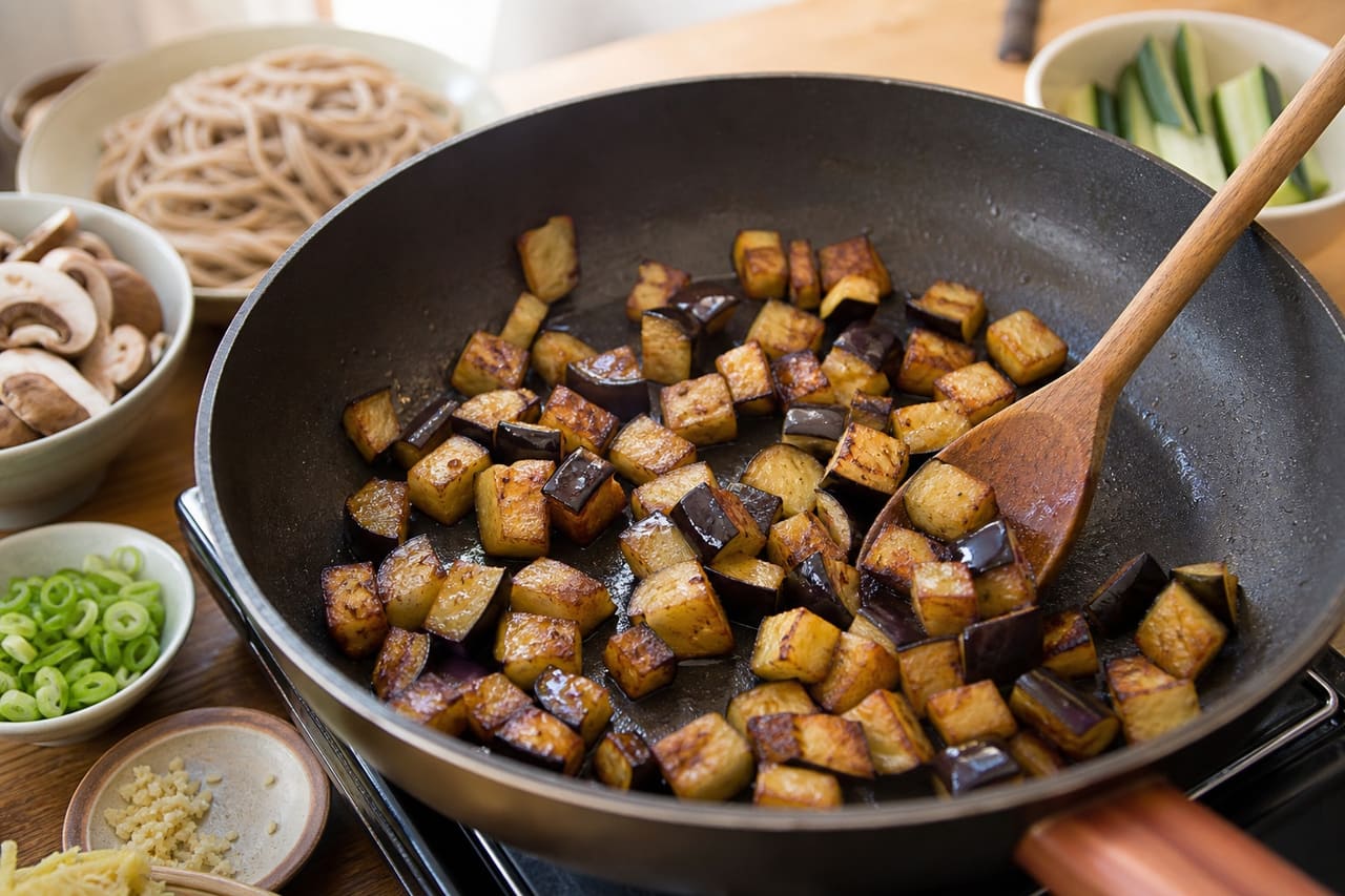 Aubergine Peanut Dan-Dan Noodles with Cucumber cooking step 3: Brown the aubergine.