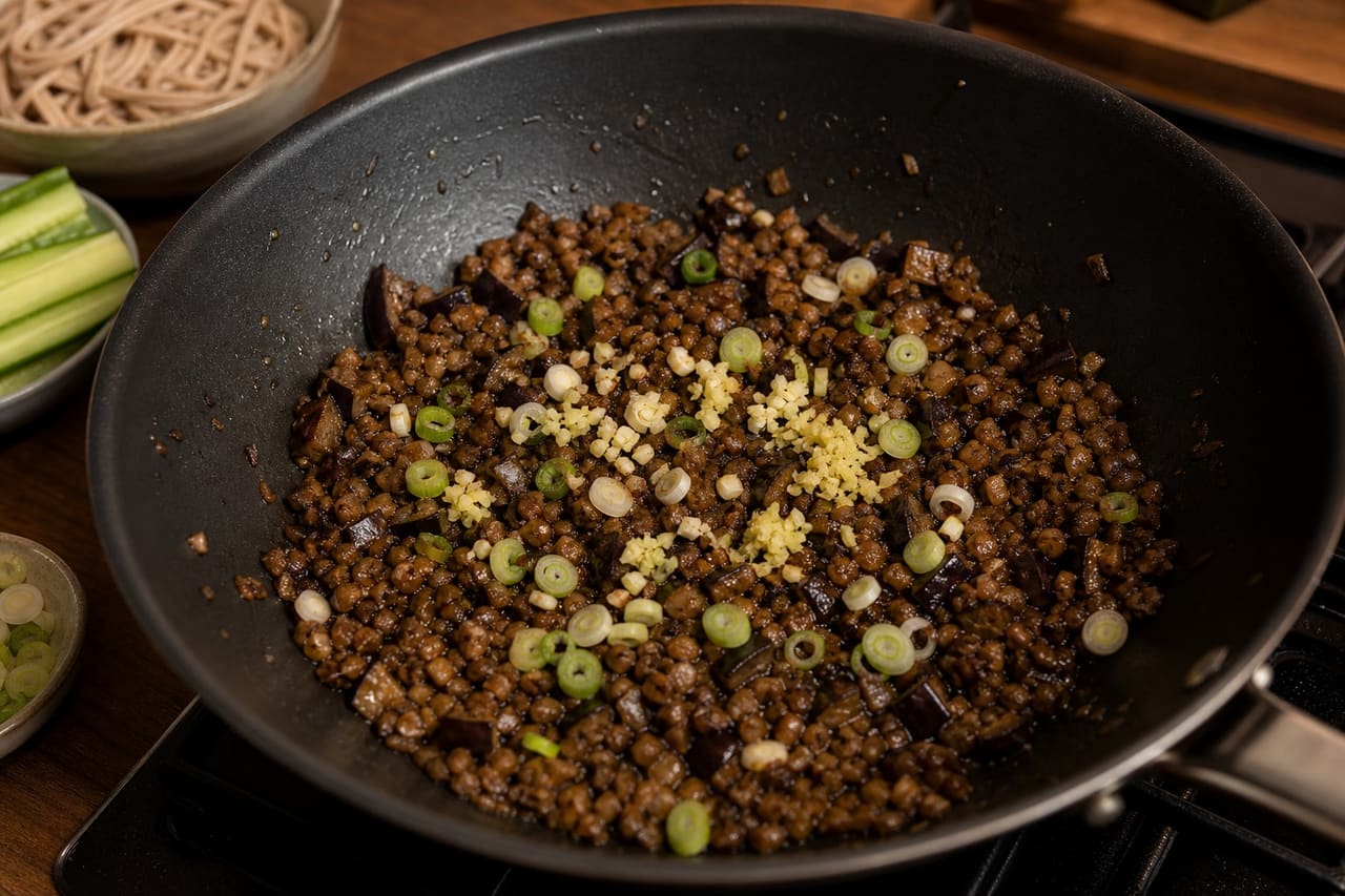 Aubergine Peanut Dan-Dan Noodles with Cucumber cooking step 4: Build the savoury base.