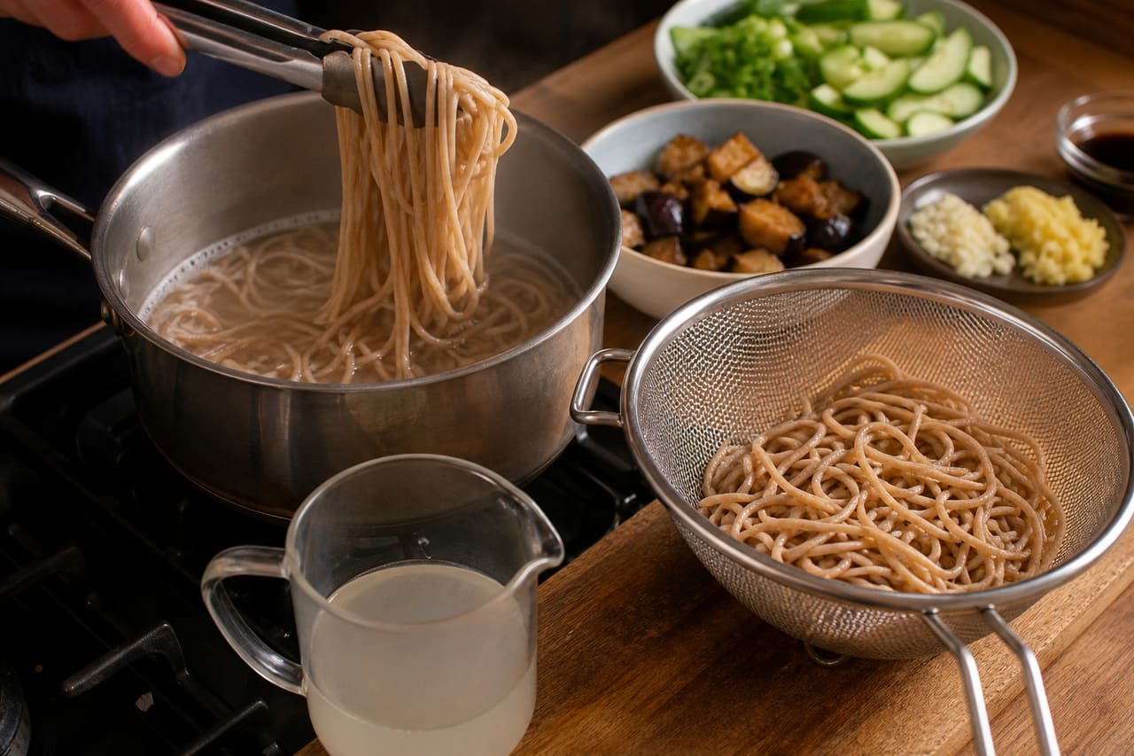 Aubergine Peanut Dan-Dan Noodles with Cucumber cooking step 5: Cook the noodles.