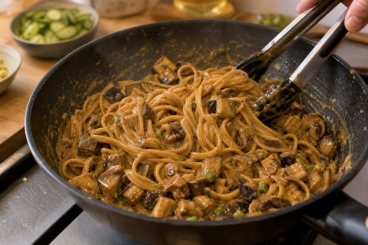 Aubergine Peanut Dan-Dan Noodles with Cucumber cooking step 6: Sauce and toss.