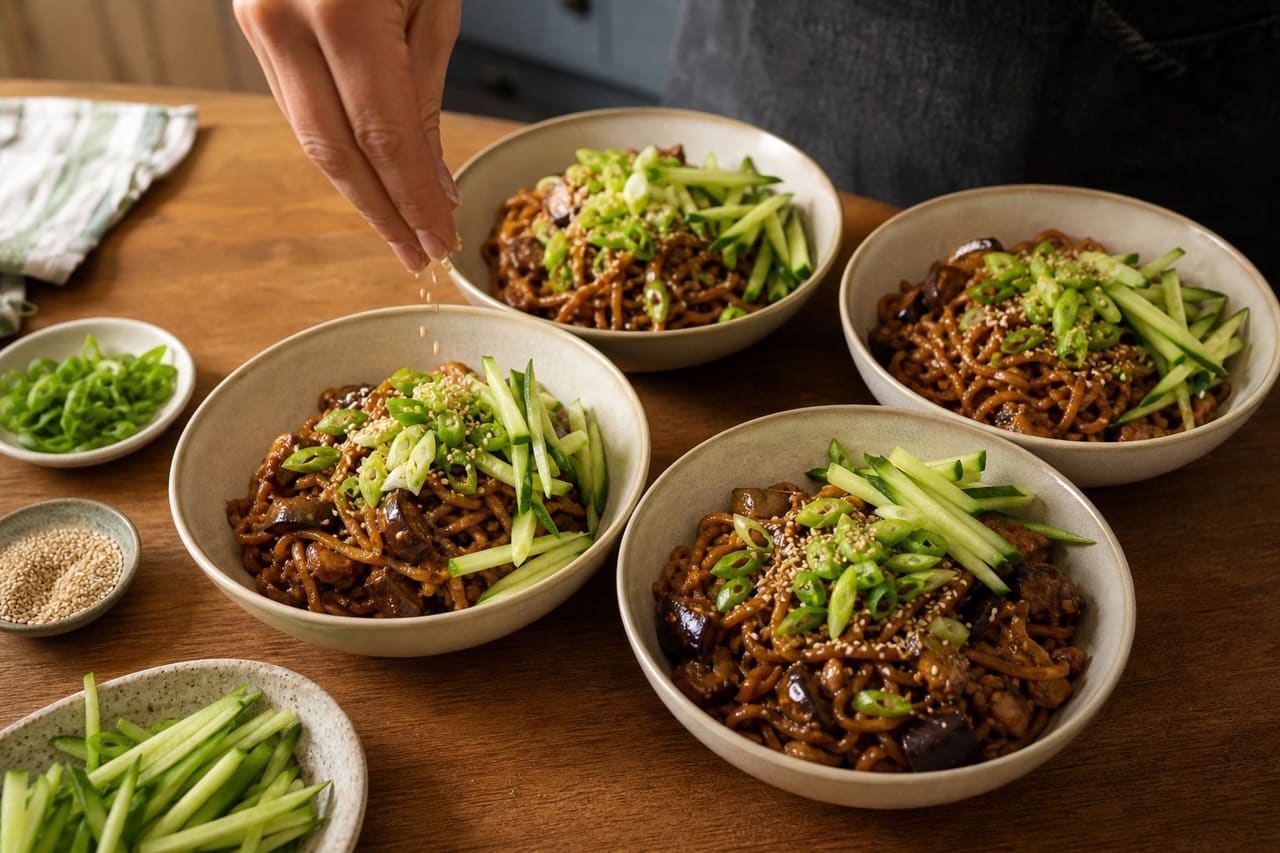Aubergine Peanut Dan-Dan Noodles with Cucumber cooking step 7: Add the fresh finish.