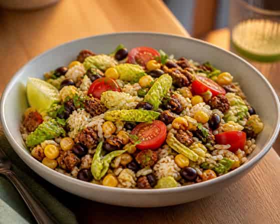 Beef Taco Rice Bowls with Lime Lettuce.