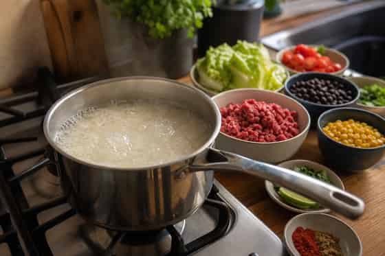 Beef Taco Rice Bowls with Lime Lettuce cooking step 1: Cook the rice.