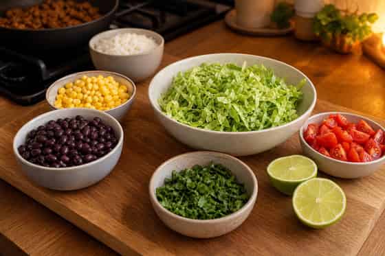 Beef Taco Rice Bowls with Lime Lettuce cooking step 2: Prep the bowl toppings.