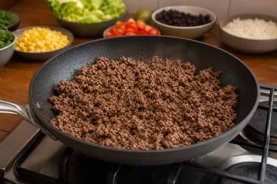 Beef Taco Rice Bowls with Lime Lettuce cooking step 3: Brown the beef.