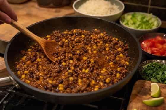 Beef Taco Rice Bowls with Lime Lettuce cooking step 4: Make it taco-style.