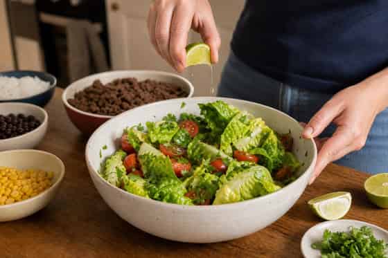 Beef Taco Rice Bowls with Lime Lettuce cooking step 5: Dress the lettuce.