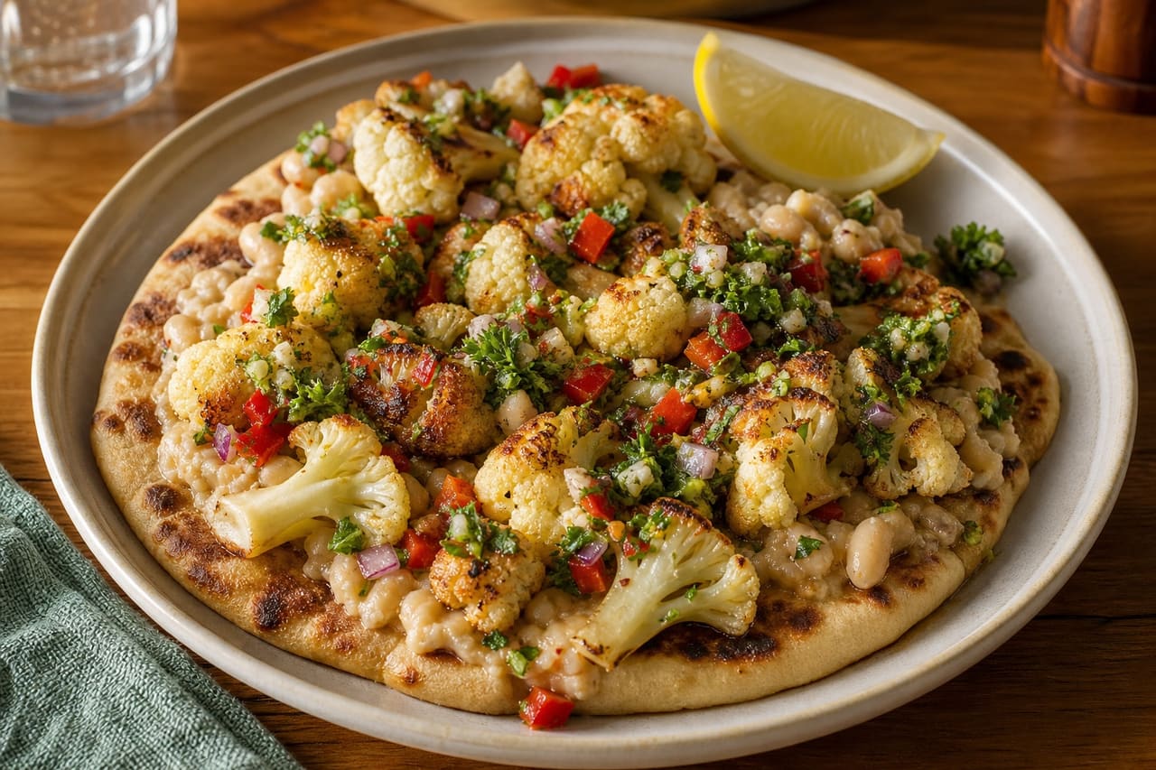 Crispy Cauliflower White Bean Flatbreads with Lemon Parsley Salsa
