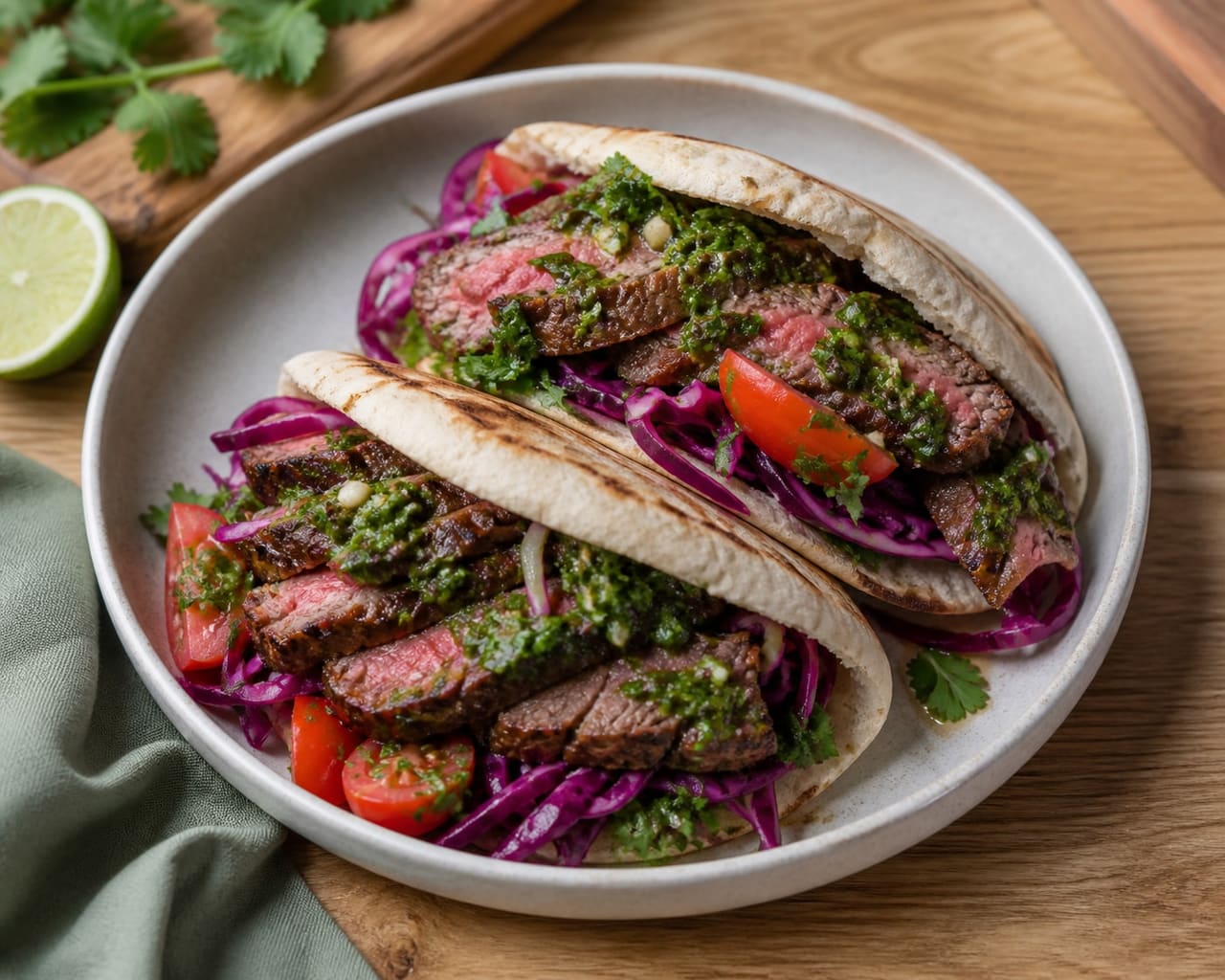 Charred Steak Chimichurri Pittas with Tomato Cabbage Slaw.