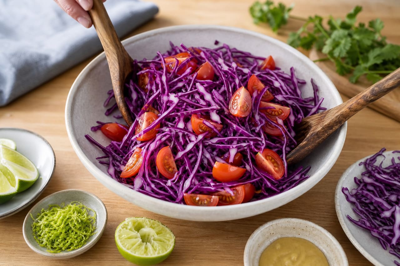 Charred Steak Chimichurri Pittas with Tomato Cabbage Slaw cooking step 1: Prepare the salad.