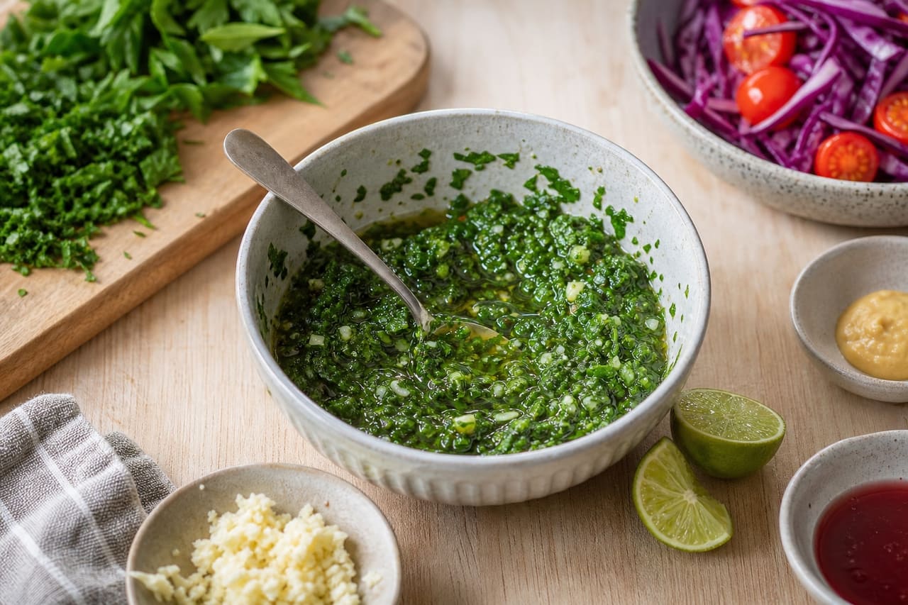 Charred Steak Chimichurri Pittas with Tomato Cabbage Slaw cooking step 2: Make the chimichurri.