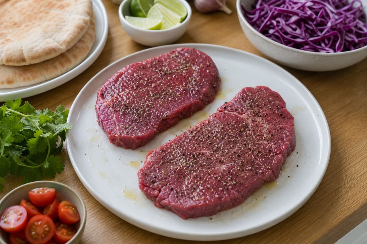 Charred Steak Chimichurri Pittas with Tomato Cabbage Slaw cooking step 4: Season the steak.