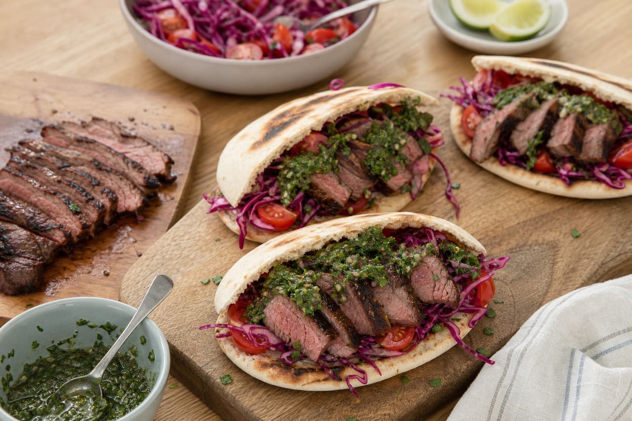 Charred Steak Chimichurri Pittas with Tomato Cabbage Slaw cooking step 6: Slice and assemble.