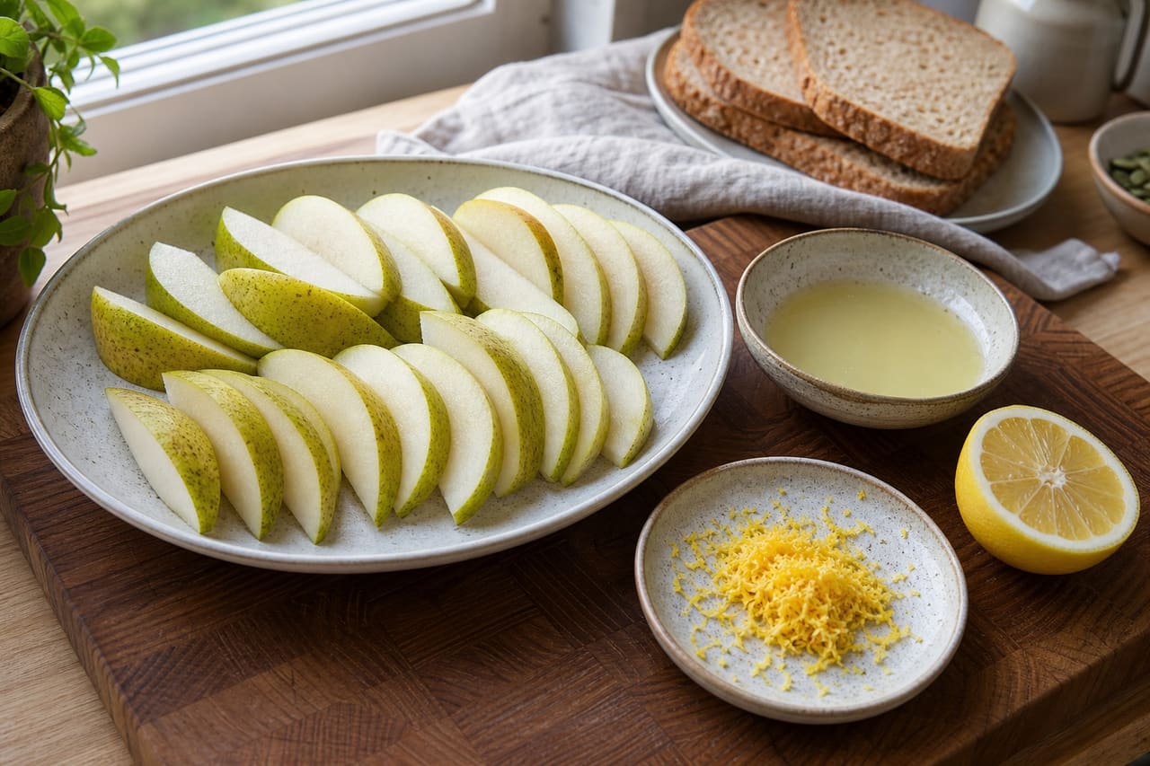 Crisp Cinnamon French Toast with Warm Pear and Maple cooking guide image for prepare the pears.