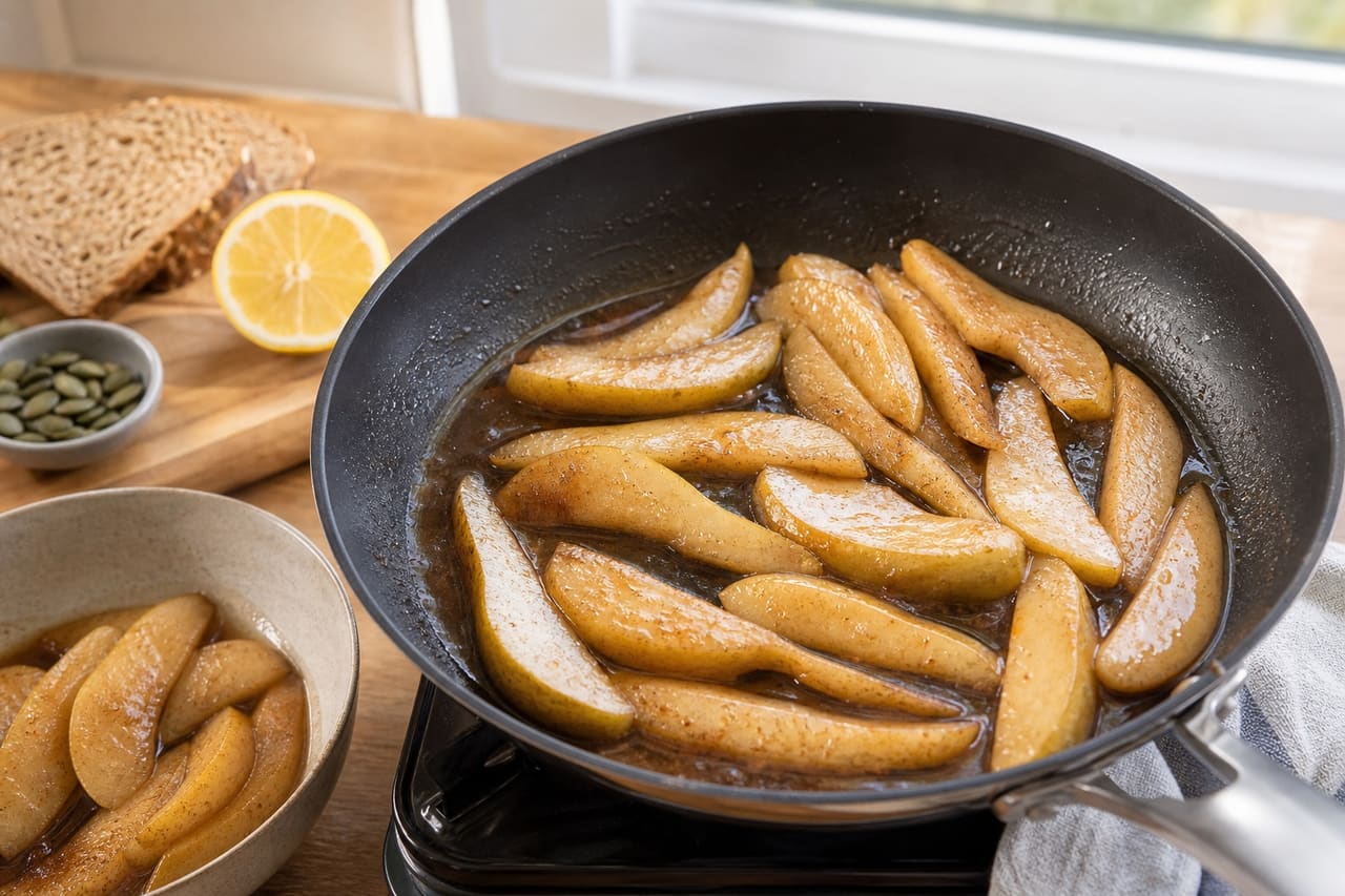 Crisp Cinnamon French Toast with Warm Pear and Maple cooking guide image for cook the pear topping.