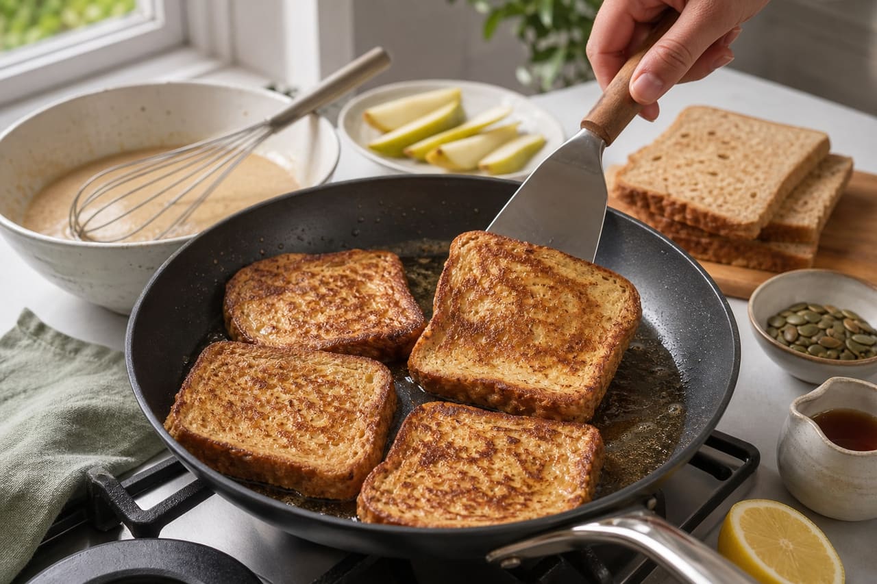 Crisp Cinnamon French Toast with Warm Pear and Maple cooking guide image for fry the french toast.