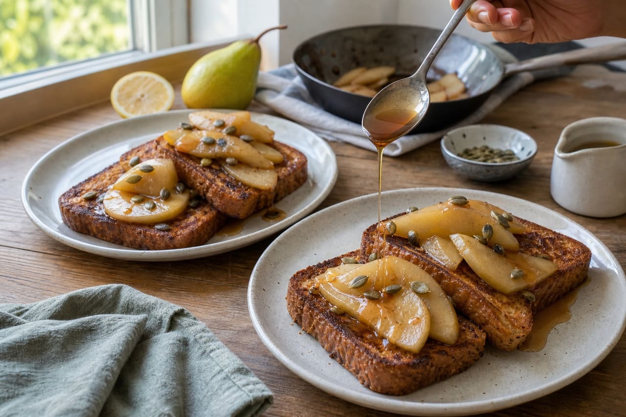Crisp Cinnamon French Toast with Warm Pear and Maple cooking guide image for finish with pear and maple.