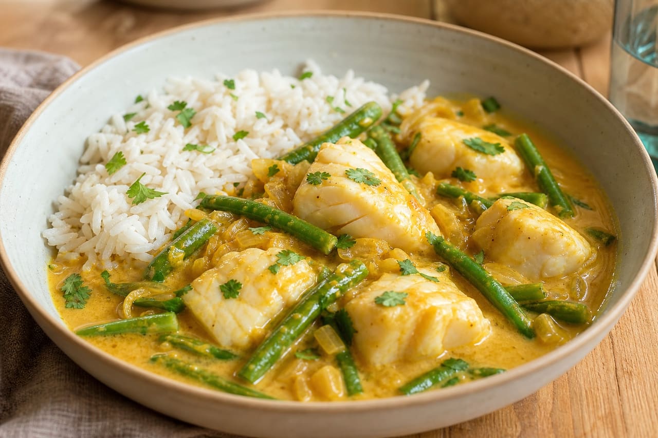 Coconut Cod Curry with Green Beans and Lime Rice.