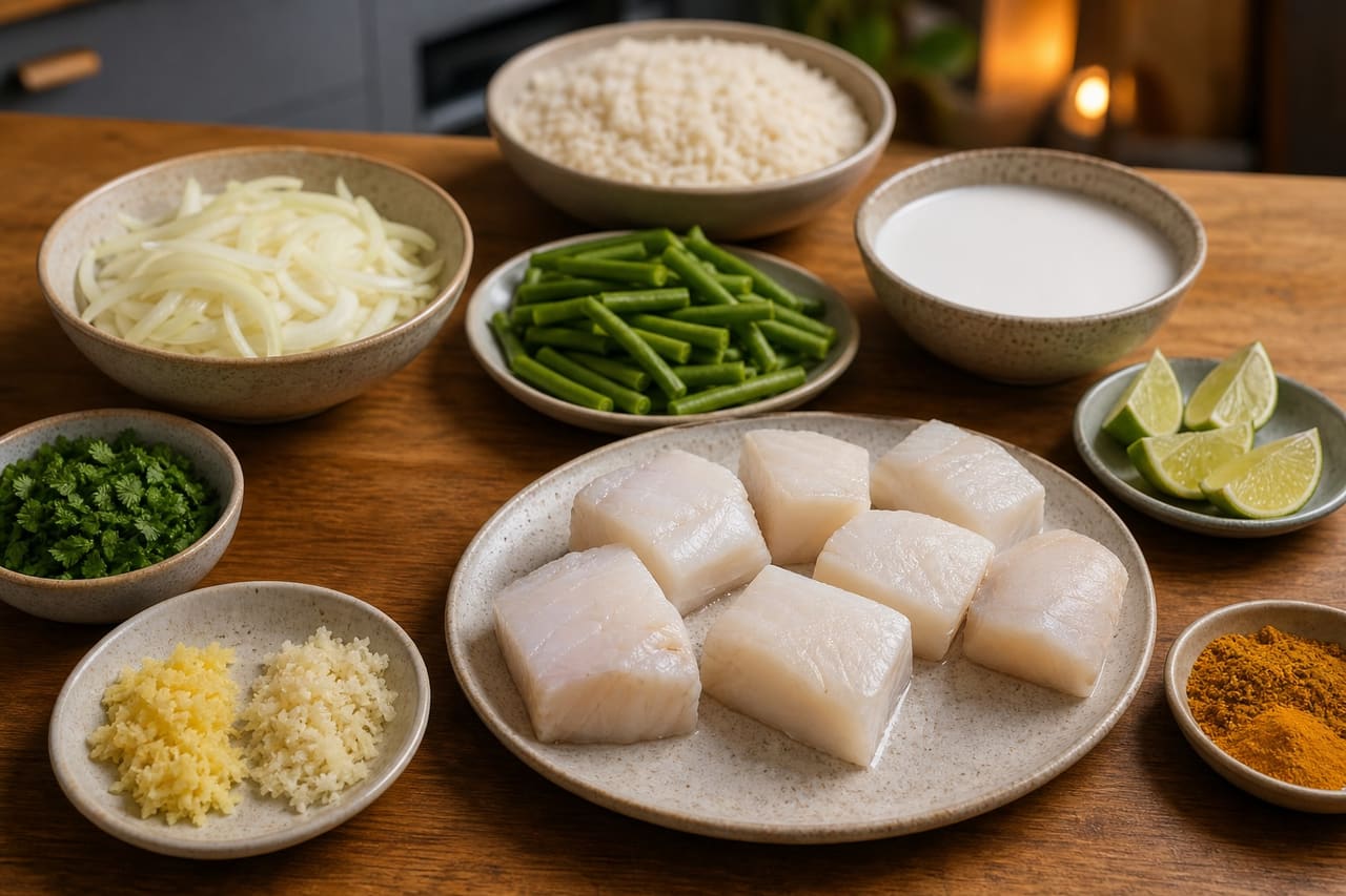 Coconut Cod Curry with Green Beans and Lime Rice cooking step 1: Prepare the ingredients.