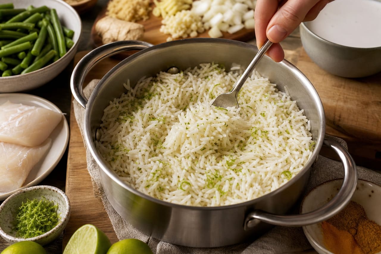 Coconut Cod Curry with Green Beans and Lime Rice cooking step 2: Cook the lime rice.